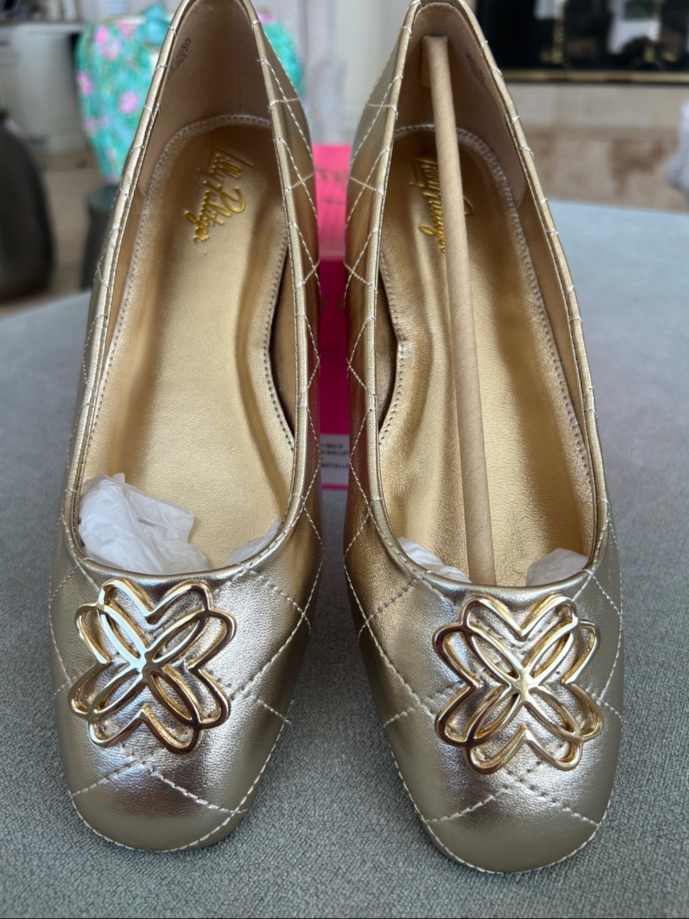 NIB Lilly Pulitzer Patina Gold Metallic Leather Ballet Flats Size 8